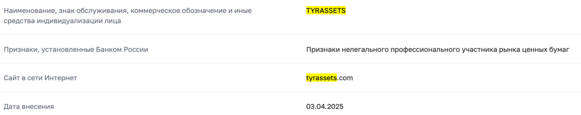 юридические данные TYRassets